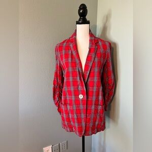 Max Studio Red Plaid Boyfriend Blazer With Ruched Sleeve Size Small